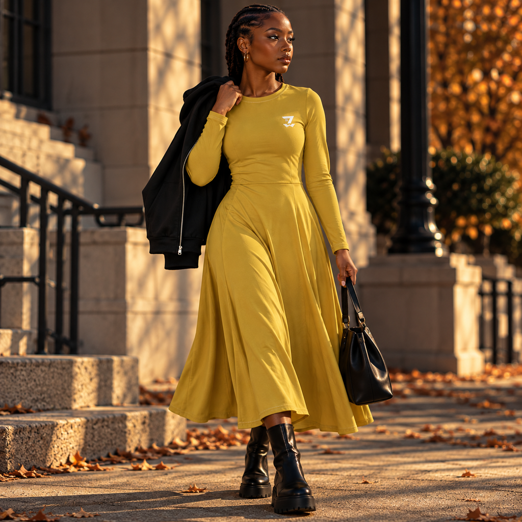 “Midnight Gold” Long Sleeve Midi Dress